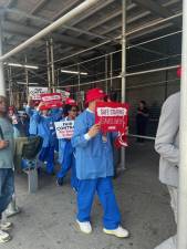 New York Eye &amp; Ear nurses rallying for a fair contract on June 4. Outstanding issues include pay parity and staffing issues, which would be exacerbated by Beth Israel’s possible closure.