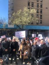 A broadbased coalition of activists and local political leaders protested on March 24 against Mount Sinai’s planned shut down of Beth Israel including Council Members Carlina Rivera (at mic), and Chris Marte; NYS Senator Brian Kavanagh; NYS Senator Kristen Gonzalez (to right and rear of Rivera), Congressman Jerold Nadler and NYS Assembly member Harvey Epstein. Photo: Keith J. Kelly