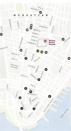 A map of a what an abolitionist freedom trail in Lower Manhattan could look like. More info on the sites can be found at: https://www.nps.gov/afbg/planyourvisit/african-american-freedom-trail.htm.