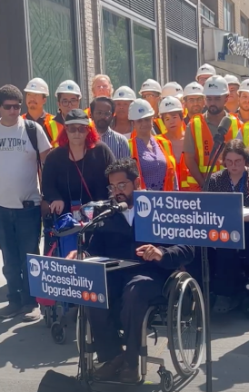 MTA Chief Accessibility Officer Quemuel Arroyo discussing the benefits of the 14th St. accessibility megaproject on August 22.