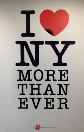 Milton Glaser who created the art for the original I Love NY posters and ad campaign, created the above poster to rally New Yorkers’ spirits in the dark days after 9/11. Photo: Ralph Spielman.