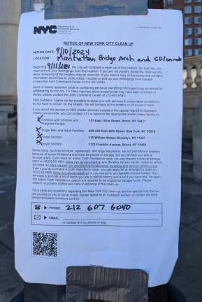 Department of Homeless Services notice of 9/10/2024 on the imminent clean up of the “Manhattan Bridge Arch.”