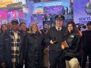 John Chell (second from right) was sworn in as chief of department in a New Year’s Eve ceremony overseen by Mayor Eric Adams (far left) and NYPD Commissioner Jessica Tisch (second from left). He replaces Jeff Maddrey who resigned Dec. 20 and was officially suspended by Tisch on Jan. 2 after federal officers raided his home as part of a widening investigation into a sex scandal.