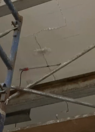 A crack in the ceiling of the Tony Dapolito Recreation Center’s gym.