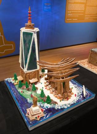 Manhattan architect and amateur baker Brett Rappaport’s “Lower Manhattan Sites,” features an edible One World Trade Center, Oculus and Statue of Liberty