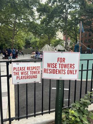 The Stephen Wise Towers Playground located at 117 West 90th street gated with signs reading “For Wise Towers Residents Only,” and “Please Respect The Wise Towers Playground,” in front of the playground that were placed on May 24. Photo Credit: Alessia Girardin.