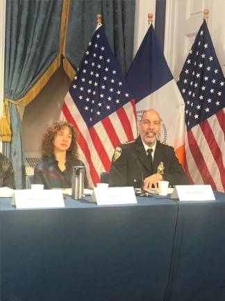 NYC Sheriff Anthony Miranda (right) appeared alongside deputy mayor Meera Joshi at one of Mayor Eric Adams press briefings earlier this year shortly after the city’s cannabis crackdown on unlicensed pot shop began. But enforcement appears to have stalled since a late October court case went against the city.