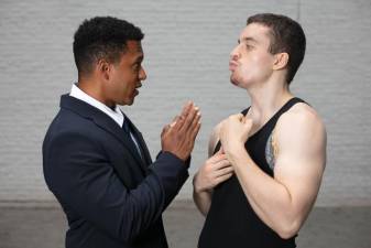 Lovell Adams-Gray (L) and Joss Gyorkos (R) engage in a theatrical high-wire act in Attorney-Client by Alex Ladd. Each actor plays two characters— a pair of criminal codefendants and their respective attorneys.