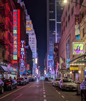 Looking west on 44th Street towards Broadway and 7th Avenue, October 2024.