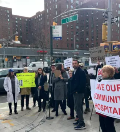 Politicians, including City Councilmembers Keith Powers &amp; Carlina Rivera, rallying outside Beth Israel after Mt. Sinai first announced it pursue closure in 2023.