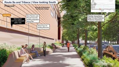 New Battery Park City Project renderings provided on June 20, 2024 that include new planters, wood tops on seating elements, a larger wall height, and protected pedestrian experience on Route 9a and Tribeca. Photo: Battery Park City Authority.
