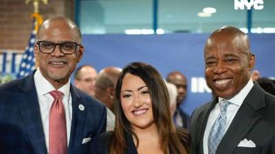 Schools Chancellor David C. Banks, Deputy Chancellor Melissa Aviles-Ramos, and Mayor Adams, September 26, 2024.