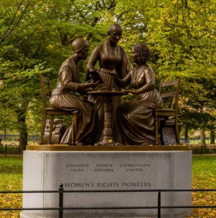 The<i> Women’s Rights Pioneers Monument</i>, sculpted by Meredith Bergmann is located mid-park at 68th Street.