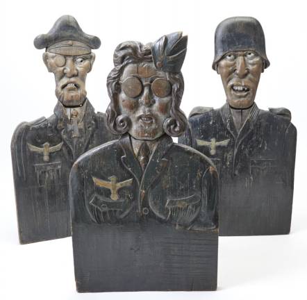 <b>A group of three carnival bean bag targets depicting German WWII Wehrmacht figures - an officer, a soldier, and a woman auxiliary.</b>