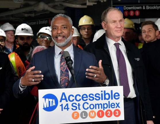 MTA Chair &amp; CEO Janno Lieber (right) and MTA Construction &amp; Development President Jamie Torres-Springer (at podium) are jointed by NYCT President Demetrius Crichlow, and MTA Chief Accessibility Officer Quemuel Arroyo to announce that the 14 St Station on the F/L/M/1/2/3 lines is fully ADA accessible on Thursday, Dec 19, 2024.