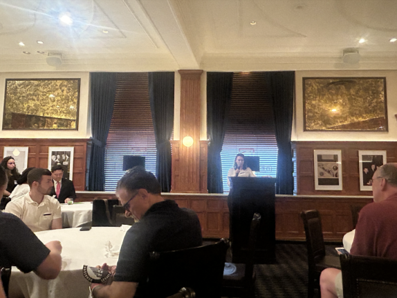 <b>The interior of Delmonico’s where Jessica Lappin, president of the Downtown Alliance, congratulated the small business owners for 25+ years of operations amidst some of the city’s most devastating crises. </b>