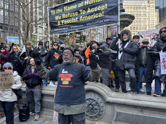 Carl Dix, a New York rep for the group Revcom, said at the rally that Trump has unleased a “hailstorm of fascist shock and awe,” which he said must be stopped.