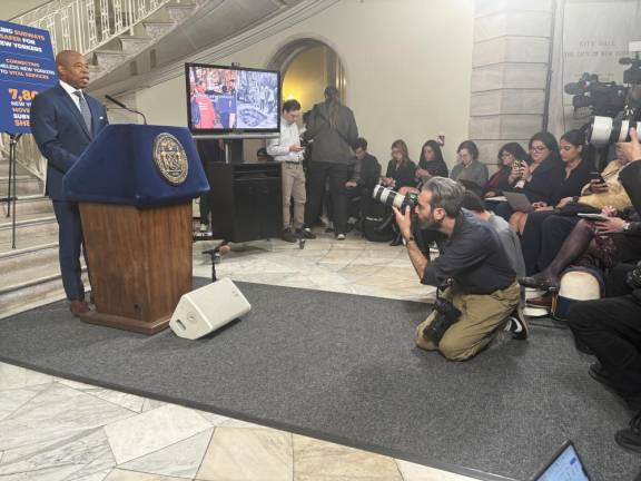 The media frenzy surrounding Mayor Eric Adams seems to be subsiding a little in his third weekly press conference since a five count felony indictment against him was unsealed on Sept. 26. Most reporters managed to find seats for the press avail held in the City Hall rotunda on Oct. 15.