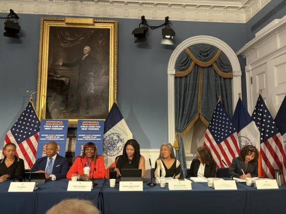 Deputy Mayor Ingrid Lewis Martin (third from left) is the latest top aid to resign from the administration of Eric Adams (second from left), seen here at a press conference in September shortly before Adams was hit by the feds with a five count bribery corruption. The campaign finance board denied matching funds to Adams on Dec. 16, citing the ongoing probe.