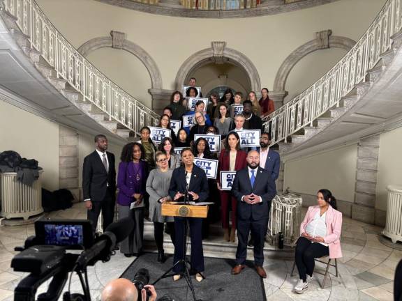 City Council Speaker Adrienne Adams (at podium), who struck a deal with Mayor Eric Adams to get the “City of Yes” passed, leading a rally promoting it at the City Hall rotunda on Dec. 3. It was approved by the full City Council on Dec. 5.