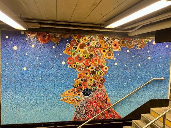 Artist Fred Tomasseli has taken his penchant for birds to a new level with this mosaic at the top of the stairs for the 1,2 and 3 trains at 14th Street and 7th Avenue, He has 6 mosaics throughout the 14th Street Station Complex at 6th and 7th Avenues.