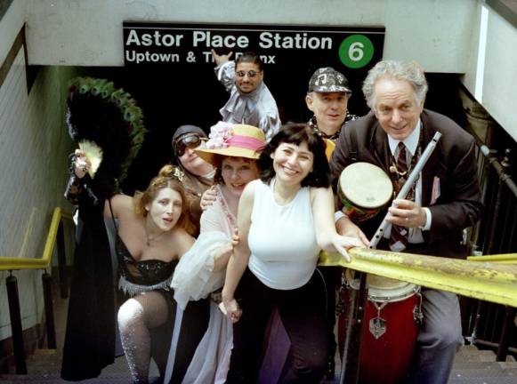 Performers and musicians who are among the scores participating in the Lower East Side Festival of the Arts, Foreground: Penny Arcade, David Amram. Behind (l-r): Lissa Moira, Barbara Kahn, Crystal Field, Michael Vazquez, Richard West.Photo by Jonathan Slaff