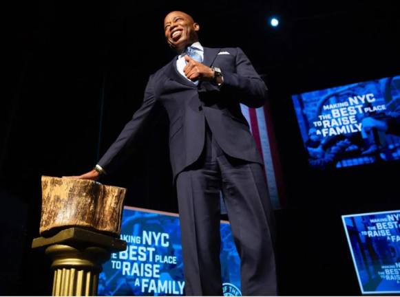 Mayor Eric Adams prepares to give his State of the City address at the Apollo Theater, Jan. 9, 2025.