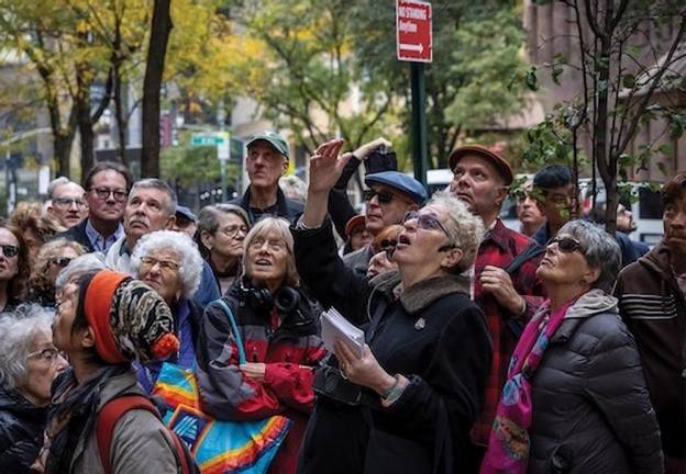 Joyce Gold (center) leads a walking tour in Tudor City.