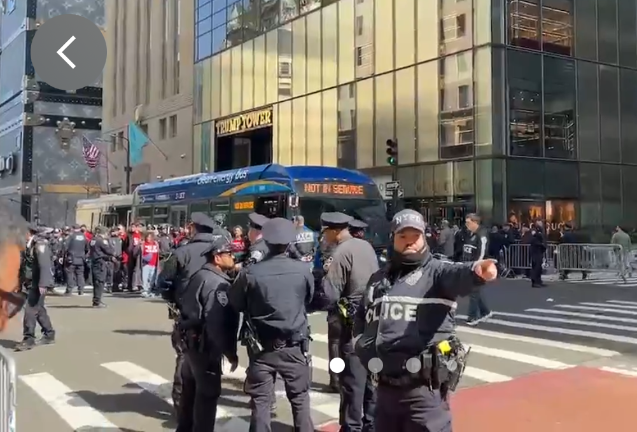 Police load buses with pro-Palestinian demonstrators who were arrested inside Trump Tower protesting the detention of Mahmoud Khalil. Some of the protesters dispersed after a warning, but 98 were taken into custody, cops said.