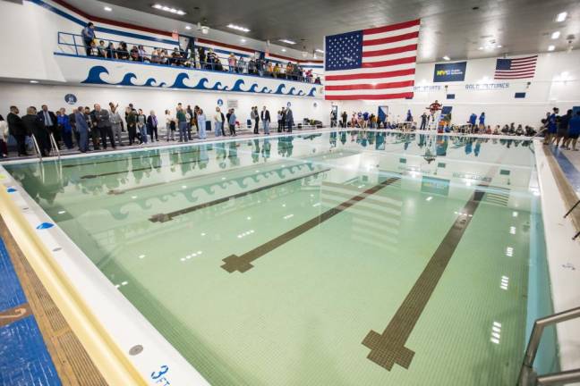 A huge contingent turned out for the the ribbon cutting ceremony for the pool reopening at River East Elementary (2351 1st Avenue in Manhattan) on Friday, October 25, 2024.