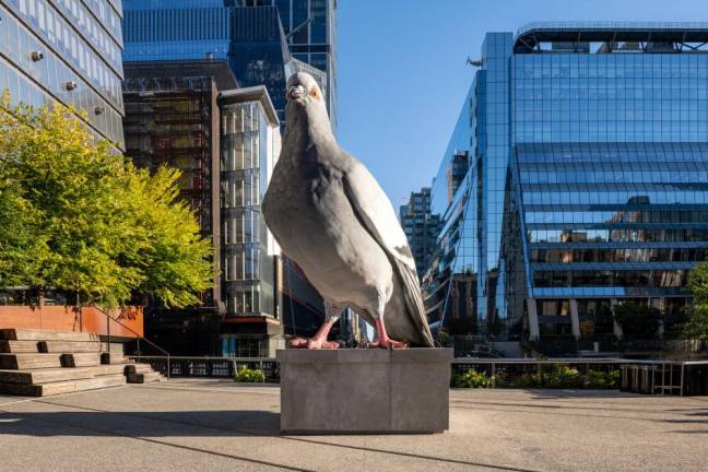 The artist Iván Argote admits there is a touch of humor in elevating the lowly street pigeon into a towering aluminum sculpture on the High Line Plinth.