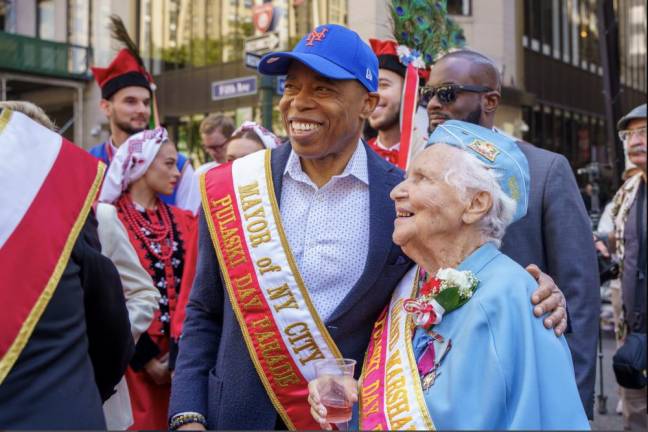 Mayor Eric Adams delivers remarks and marches in the 87th Annual General Pulaski Day Parade. Sunday, October 6, 2024.