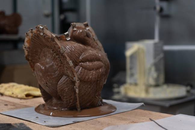 A finished turkey mold. Finished molds are left aside for a few minutes to settle and stick to their surface, before being placed into the cooler.