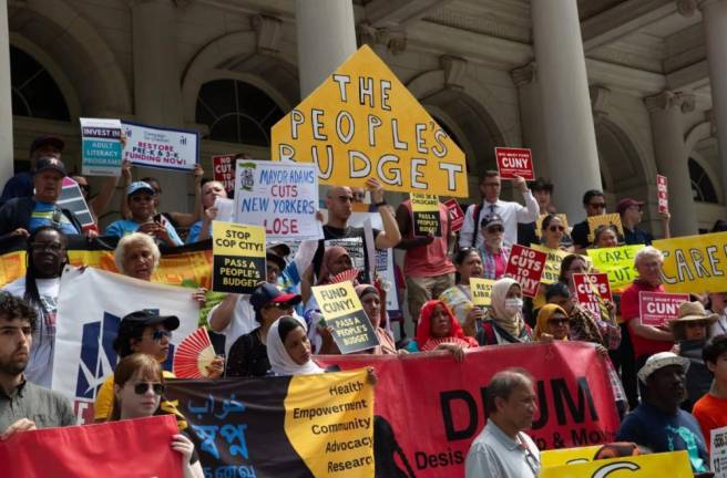 A coaltion protested ahead of this year’s budget at a rally at City Hall on June 20. Photo: Ben Tractenberg/THE CITY