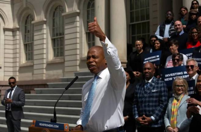 Mayor Eric Adams addressed the press and supporters after releasing a tentative $111 billion budget for the coming fiscal year back on April 20. Photo: Ben Tractenberg/THE CITY