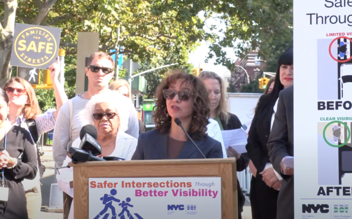 Deputy Mayor Meera Joshi speaking at the Sept. 3 presser, where she said that “one traffic death is too many.”