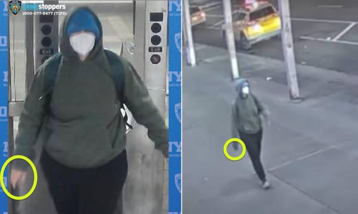 Left: the suspected tire slasher exiting the subway. Right: The same individual walking up Seventh Avenue.