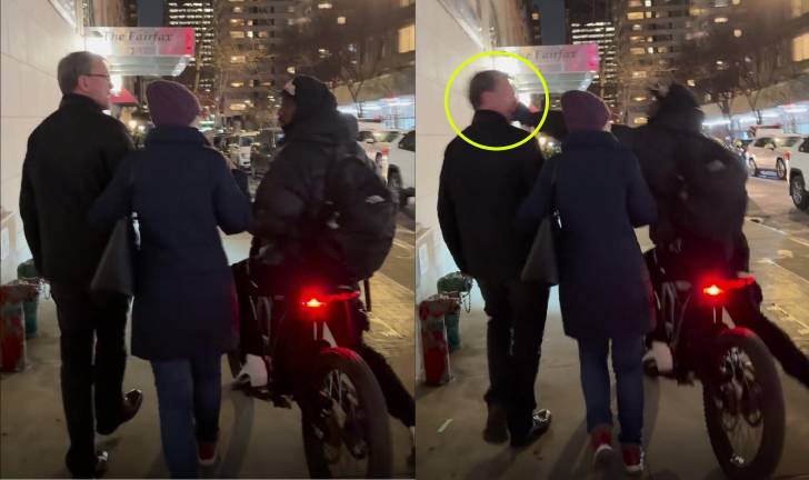 British tourists are confronted by e-biker who drives on sidewalk on E. 69th St. after an altercation in the while they were crossing the intersection on Third Ave. The biker then bashes man in the face, giving him a bloody nose.