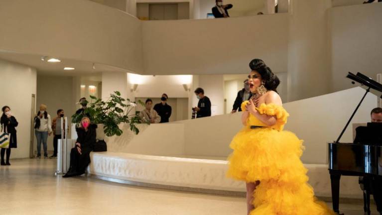 Drag Queen and opera singer Jasmine Rice–who choses to sign rather than lip sync–belts out a tune during an earlier performance at the Guggenheim rotunda. When she returns on March 8th, she’ll be taking over the museum’s theater. Then comes a gig at Lincoln Center of May 17th. Photo: Courtesy Works &amp; Process