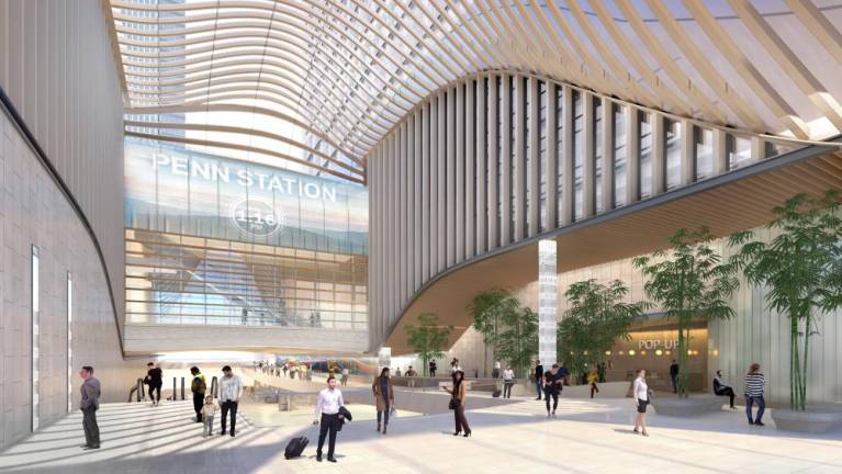 The interior of Penn Station as envisioned in a design by ASTM. Input from the international construction design firm has not been sought by the MTA.