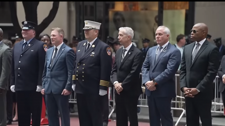 Eric Adams (far right) and newly appointed Fire Commissioner Robert Tucker (second from right) outside St. Patrick’s Cathedral on Aug. 19 commerating the life of Supervising Fire Marshall George Snyder, who became the FDNY’s first line of duty death when he suffered cardiac arrest on Aug. 10.