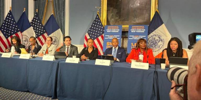 Many of the top aids to Eric Adams (center) have had their phones seized in raids by federal agents including first deputy mayor Sheena Wright (left of Adams) seen at a weekly press conference earlier this summer. Deputy Mayor Ingrid Lewis-Martin (right of Adams) had her phone seized by investigators from the Manhattan district attorneys office after she returned from a trip to Japan. Chief counsel Lisa Zornberg (third from left) resigned Sept. 14, reportedly after clashing with Adams.