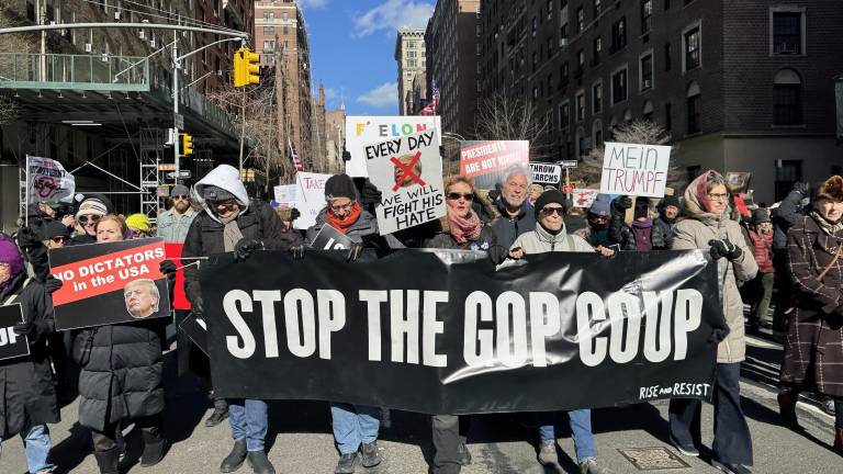 The front line of the marching protestors on President’s Day as they made their way from Union Square to Washington Square Park on Feb. 17.