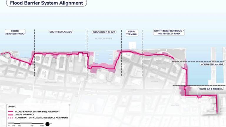 New Project renderings provided on June 20, 2024 that include the flood barrier system alignment. Photo Credit: Battery Park City Authority.