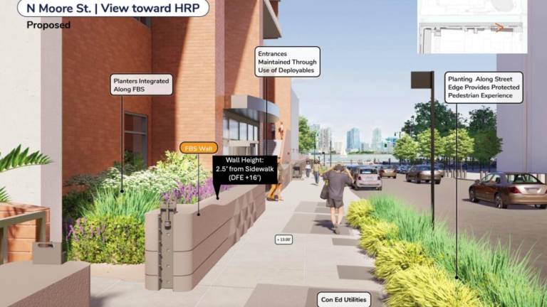 New Project renderings provided on June 20, 2024 that include new planters, wood tops on seating elements, a larger wall height, and protected pedestrian experience on N. Moore Street. Photo Credit: Battery Park City Authority.