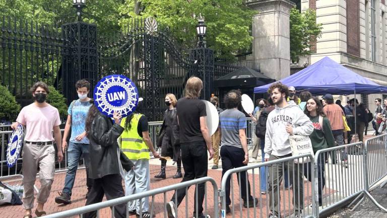 Columbia students and independent supporters marching in pro-Palestinian protest on May 6 on W 116th Street between Broadway and Amsterdam avenue in front of Columbia University’s main entrance for students who live on campus. The protests were the reason that Columbia’s president shut down the school previously on April 30, and has cancelled graduation on May 15. Photo Credit: Alessia Girardin.